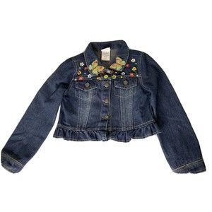 Nannette Kids Dark Wash Floral Butterfly Embroidered Denim Jacket, Sz 6 Ruffles
